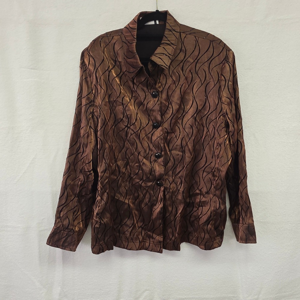 3X N Touch Womens Bronze Metallic Black Velvet Wavy Button Front Blouse Top